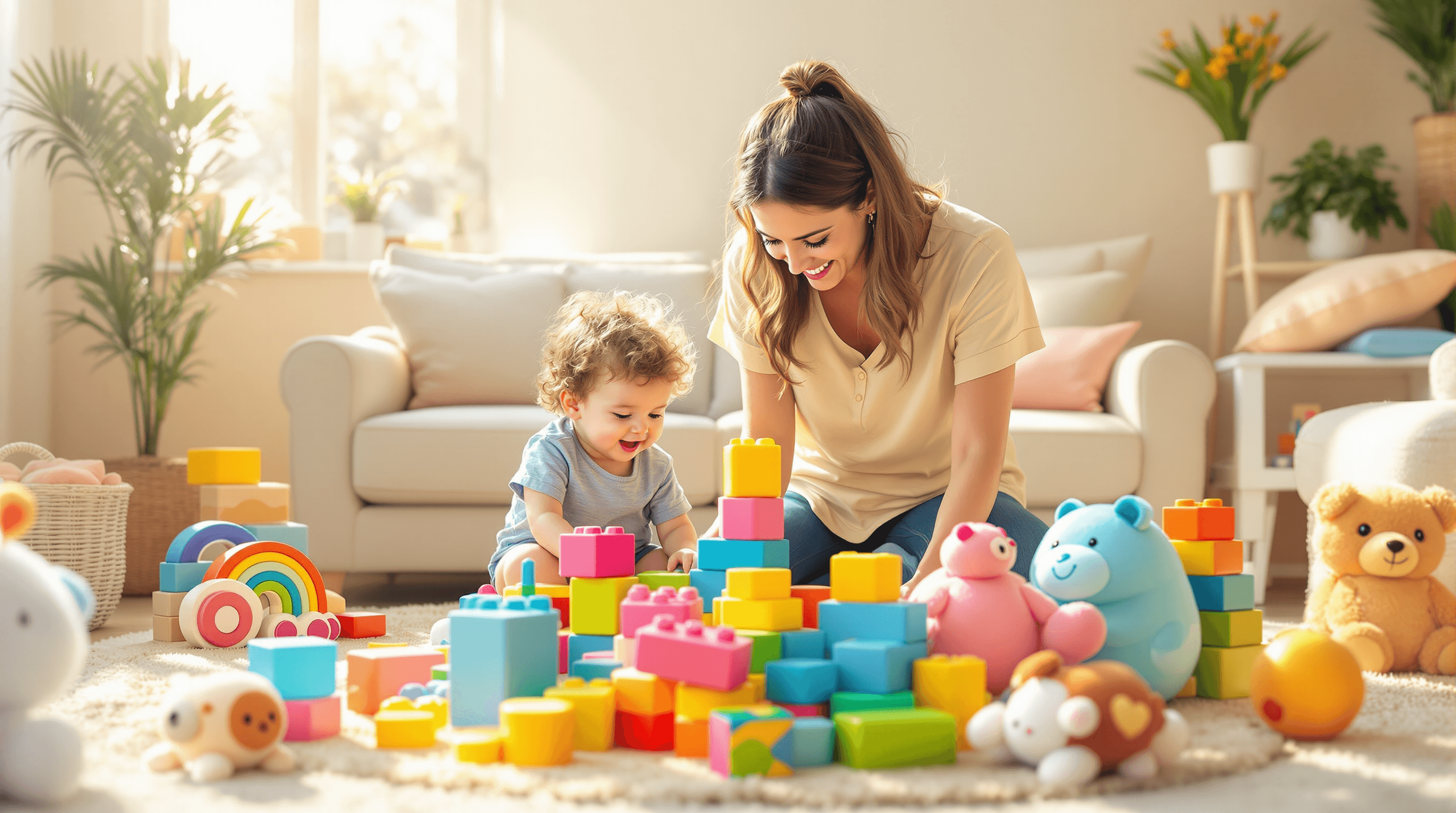 mother and child playing with toys